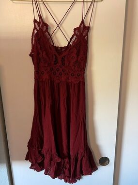 Free People Burgundy Lace-Top Spaghetti Strap Dress